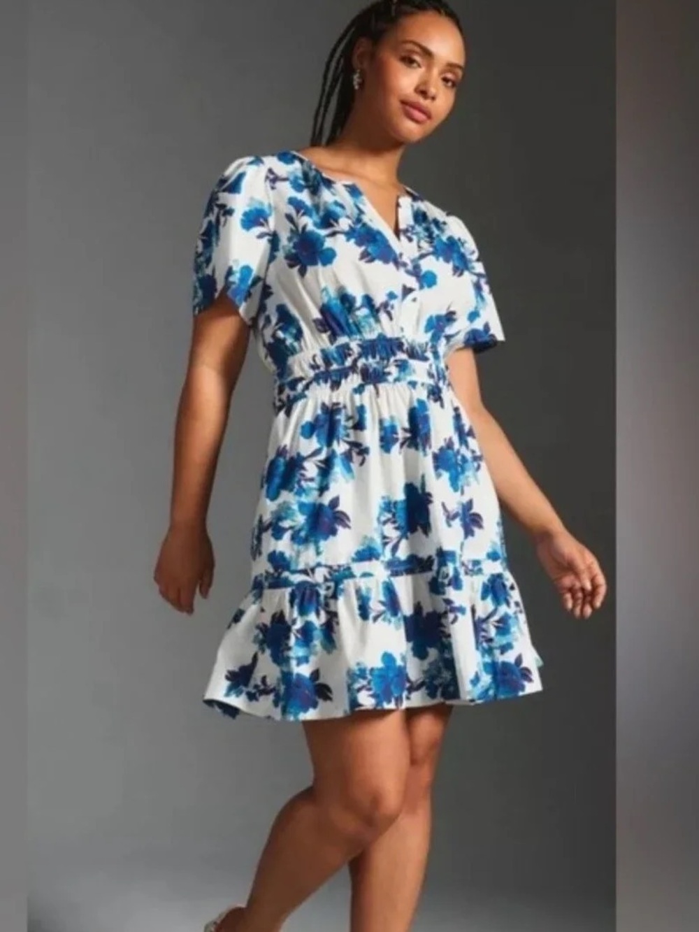 Anthropologie The Somerset Mini Dress blue white floral size L